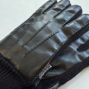 Thinsulate Leather Driving Gloves Mens L Black Knit Warm Fleece Lined Winter